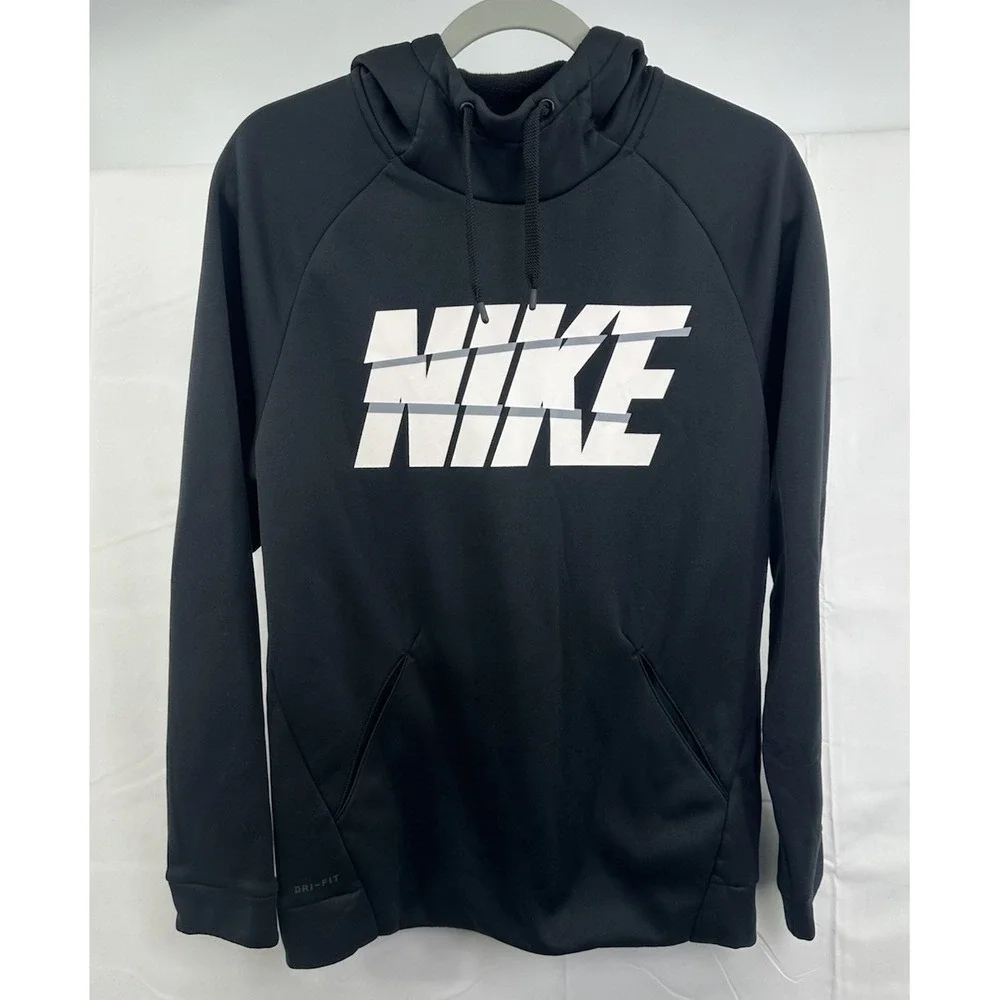 Nike Dri-Fit Pullover Black Logo Hooded Sweatshirt Men's Small With Pockets